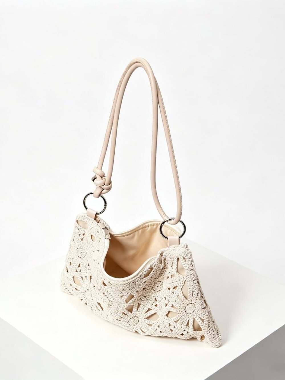 Floral Hollow Out Woven Boho Bag, Metal Round Clasp Beach Bag, Holiday Casual St - Picture 4 of 8